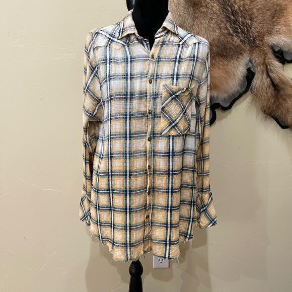 Free‎ People One Small Plaid Gauzy Frayed Edge Button up Urban Outfitters - Picture 1 of 6